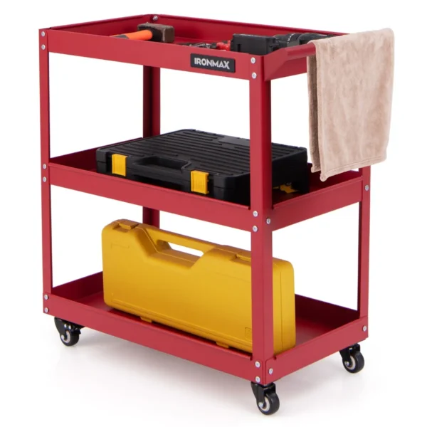 3 laags rollende gereedschapswagen zware metalen wagen met 3 ruime planken en 4 universele wielen met 2 remmen rood 1