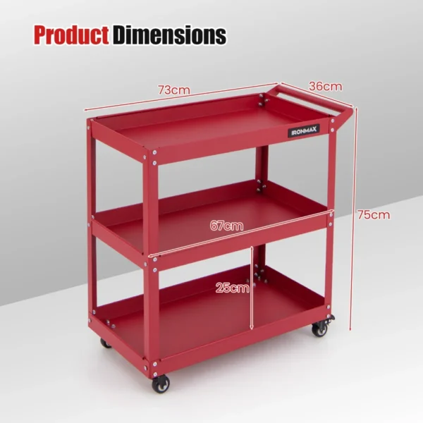 3 laags rollende gereedschapswagen zware metalen wagen met 3 ruime planken en 4 universele wielen met 2 remmen rood 3