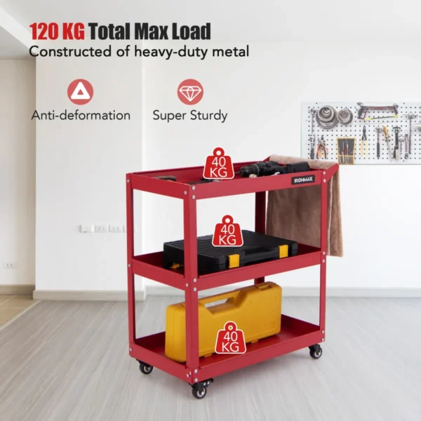3 laags rollende gereedschapswagen zware metalen wagen met 3 ruime planken en 4 universele wielen met 2 remmen rood 4