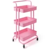 3 laags rolwagen multifunctionele wagen met handgreep abs maas mand en metalen frame opbergwagen met 2 remmen voor kantoor roze 1