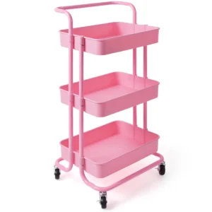 3 laags rolwagen multifunctionele wagen met handgreep abs maas mand en metalen frame opbergwagen met 2 remmen voor kantoor roze 1