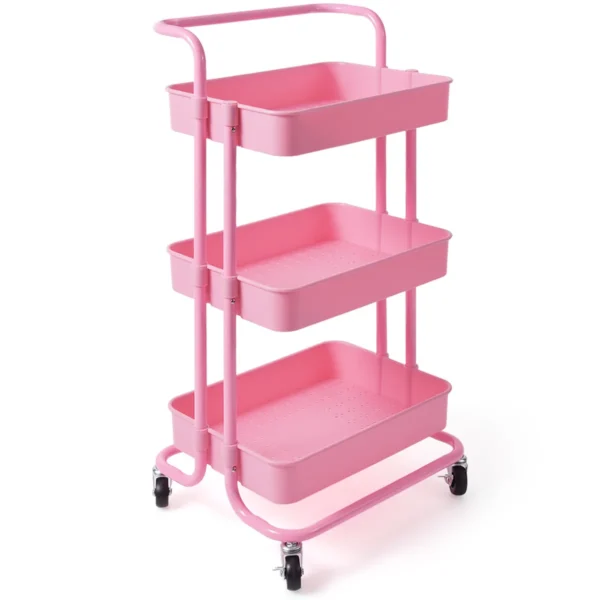 3 laags rolwagen multifunctionele wagen met handgreep abs maas mand en metalen frame opbergwagen met 2 remmen voor kantoor roze 1