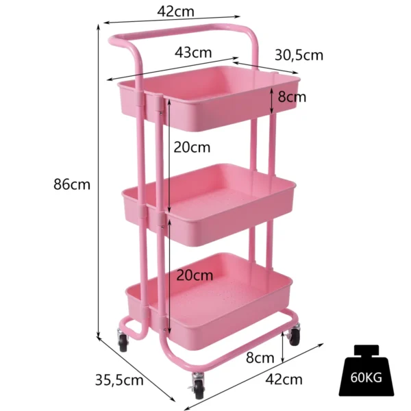 3 laags rolwagen multifunctionele wagen met handgreep abs maas mand en metalen frame opbergwagen met 2 remmen voor kantoor roze 3