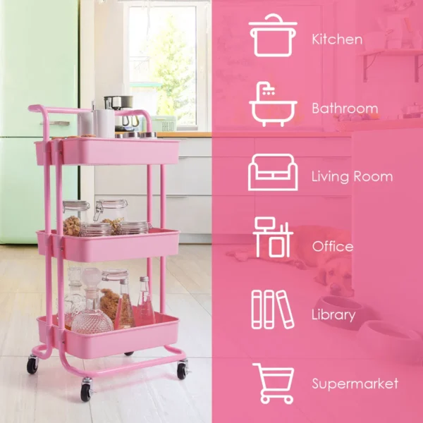 3 laags rolwagen multifunctionele wagen met handgreep abs maas mand en metalen frame opbergwagen met 2 remmen voor kantoor roze 4
