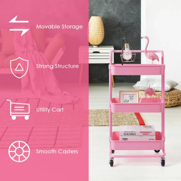 3 laags rolwagen multifunctionele wagen met handgreep abs maas mand en metalen frame opbergwagen met 2 remmen voor kantoor roze 5