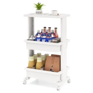 3 laags trolley met tafelblad stevige plastic trolley met afsluitbare wielen multifunctionele opbergwagen met 2 open planken 1