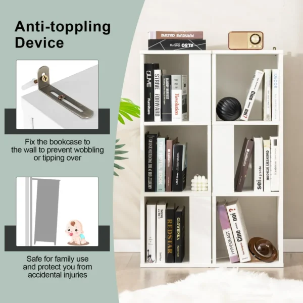 3 laags vrijstaande boekenkast display plank met 6 vakken anti kantelbeveiliging voor slaapkamer en kinderkamer wit 7