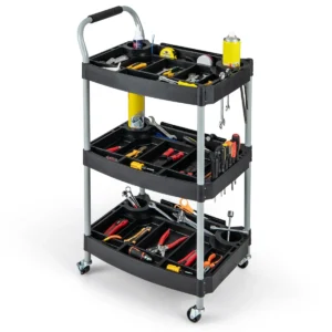 3 niveau werkplaatswagen met universele wielen rollende gereedschapswagen belasting 45kg 59 x 45 x 107 cm zwart 1