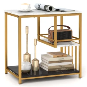 3 niveaus bijzettafel van imitatiemarmer met opbergplanken luxe rechthoekige bijzettafel met metalen frame modern nachtkastje 1