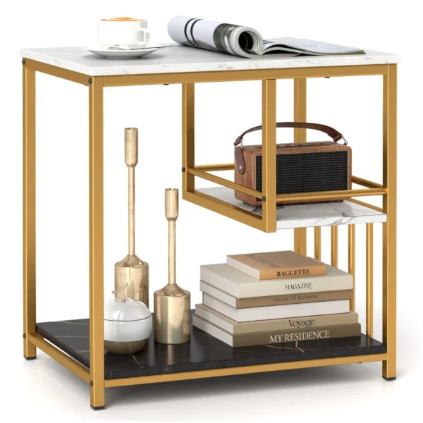 3 niveaus bijzettafel van imitatiemarmer met opbergplanken luxe rechthoekige bijzettafel met metalen frame modern nachtkastje 1