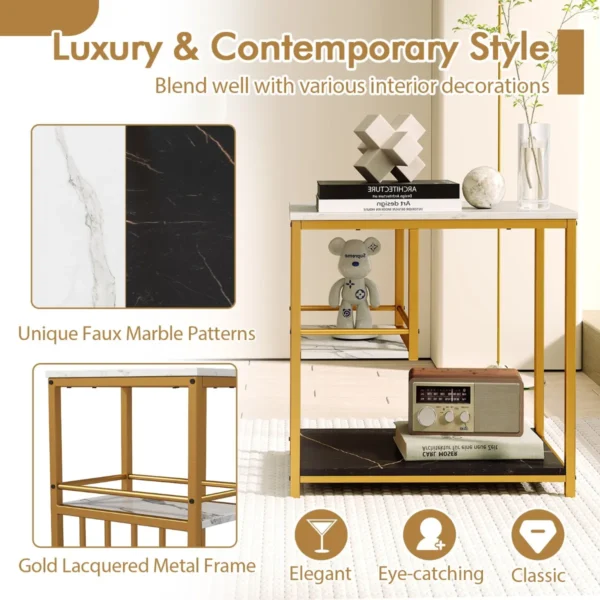 3 niveaus bijzettafel van imitatiemarmer met opbergplanken luxe rechthoekige bijzettafel met metalen frame modern nachtkastje 5