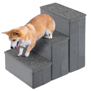 3 staps hondentrap draagbare huisdierladder opvouwbare anti slip hondenhelling obergvakken voor puppyspeelgoed en traktaties grijs 1