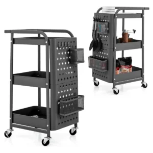 3 tier trolley metalen trolley met 2 pegboards & 2 manden & 4 haken grijs 1