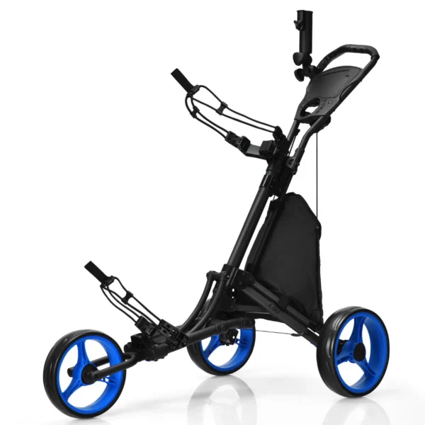 3 wielen golf duwkar snel vouwen golf lopend duwkar golftrolley voor golfclubs zwart + blauw 2
