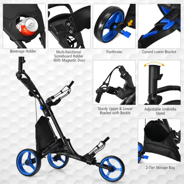 3 wielen golf duwkar snel vouwen golf lopend duwkar golftrolley voor golfclubs zwart + blauw 4