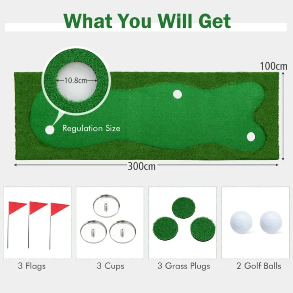 300 x 100 cm golfslagmat golftrainingsmat met kunstgras 3 holes 3 cup vlaggen golf putting green voor binnen en buiten 3