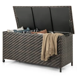 320l strak geweven rotan opbergbox binnen/buiten opbergbox met polyester voering wielen en gaslift voor kussens gereedschap speelgoed 1