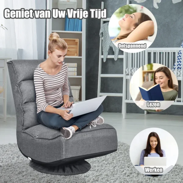 360 graden draaibare vloerstoel 5 positie verstelbare vouwbare gamestoel gewatteerde luie bank met comfortabele rugleuning 7