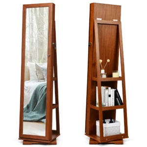 360 roterende gespiegelde sieraden kast 2 in 1 afsluitbare sieraden organisator met volledige lengte spiegel 39 x 39 x 161 cm (bruin) 1