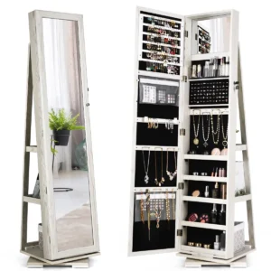 360 roterende gespiegelde sieraden kast 2 in 1 afsluitbare sieraden organisator met volledige lengte spiegel 39 x 39 x 161 cm wit 1