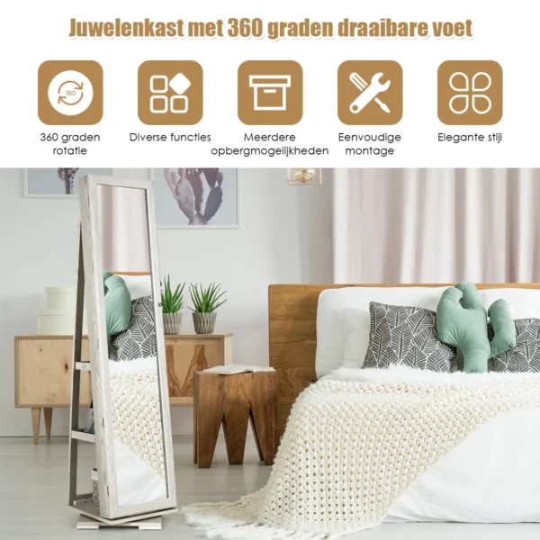 360 roterende gespiegelde sieraden kast 2 in 1 afsluitbare sieraden organisator met volledige lengte spiegel 39 x 39 x 161 cm wit 3