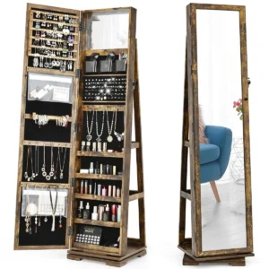 360 roterende gespiegelde sieraden kast 2 in 1 afsluitbare sieraden organisator met volledige lengte spiegel rustiek 39 x 39 x 161 cm 1