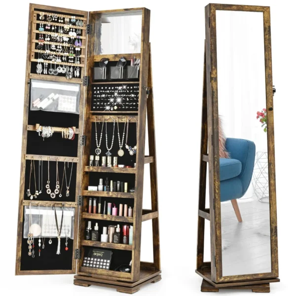 360 roterende gespiegelde sieraden kast 2 in 1 afsluitbare sieraden organisator met volledige lengte spiegel rustiek 39 x 39 x 161 cm 1