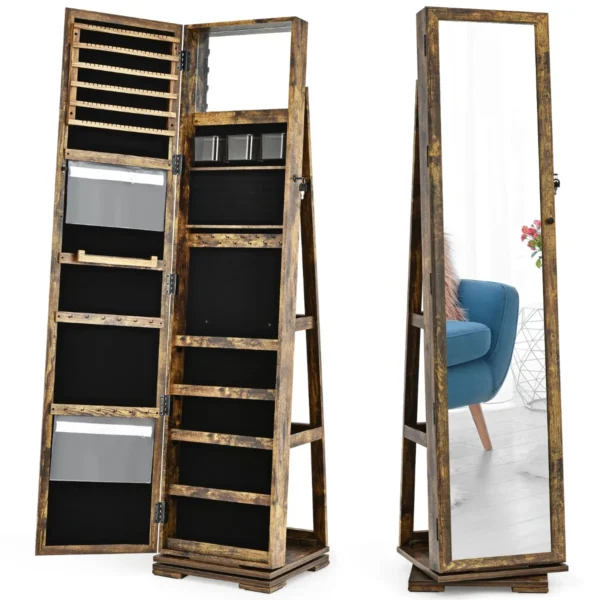 360 roterende gespiegelde sieraden kast 2 in 1 afsluitbare sieraden organisator met volledige lengte spiegel rustiek 39 x 39 x 161 cm 2