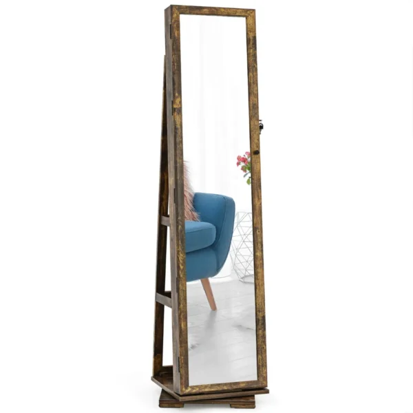 360 roterende gespiegelde sieraden kast 2 in 1 afsluitbare sieraden organisator met volledige lengte spiegel rustiek 39 x 39 x 161 cm 4