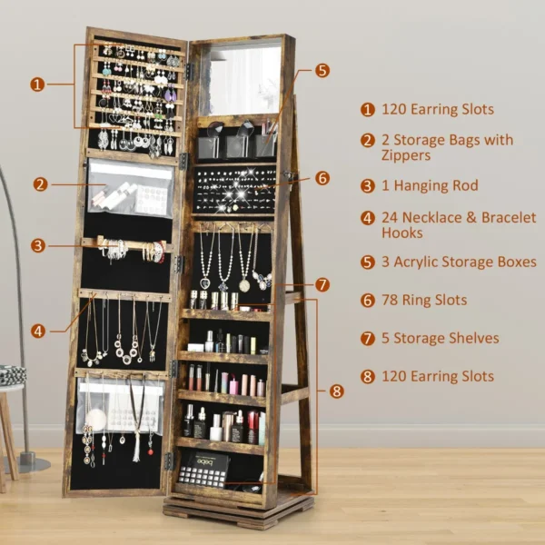 360 roterende gespiegelde sieraden kast 2 in 1 afsluitbare sieraden organisator met volledige lengte spiegel rustiek 39 x 39 x 161 cm 5
