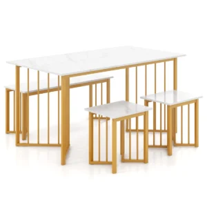 4 delige eettafelset rechthoekige keukentafel met bank en 2 krukken moderne eettafelset met vleugelvormige metalen poten 1