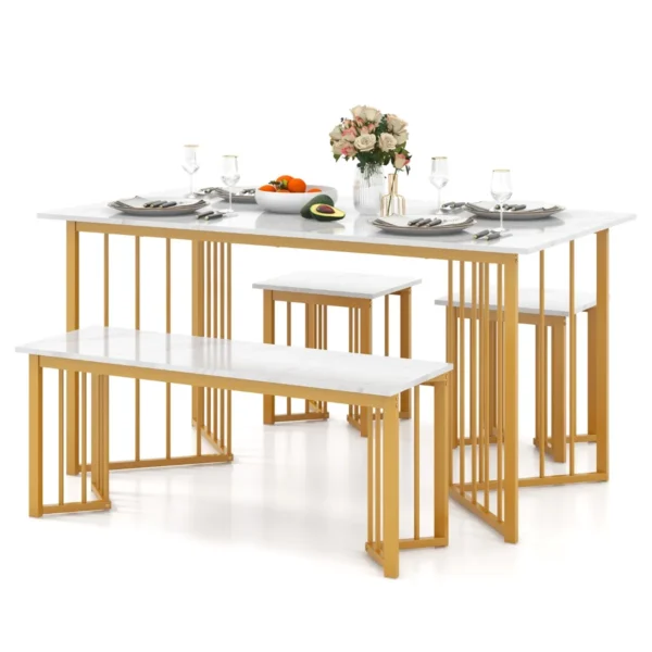 4 delige eettafelset rechthoekige keukentafel met bank en 2 krukken moderne eettafelset met vleugelvormige metalen poten 2
