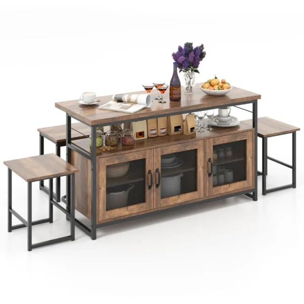 4 delige keukenset met eettafel en stoelen voor 4 personen stevig metalen frame in 3 standen verstelbare planken bruin 1