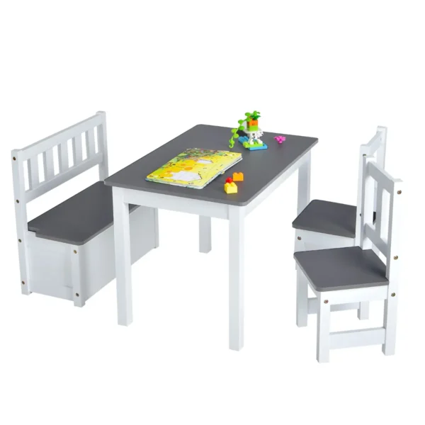 4 delige kindertafel & stoel set 2 in 1 houten peuter activiteit tafel set met 2 stoelen & 1 opbergbankje kindermeubilair grijs 1