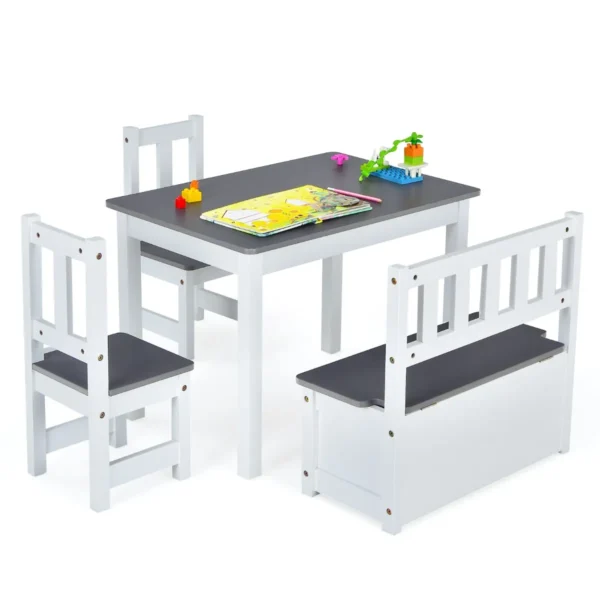 4 delige kindertafel & stoel set 2 in 1 houten peuter activiteit tafel set met 2 stoelen & 1 opbergbankje kindermeubilair grijs 2
