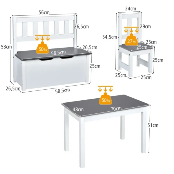 4 delige kindertafel & stoel set 2 in 1 houten peuter activiteit tafel set met 2 stoelen & 1 opbergbankje kindermeubilair grijs 4