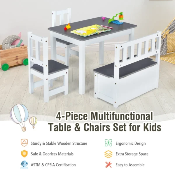 4 delige kindertafel & stoel set 2 in 1 houten peuter activiteit tafel set met 2 stoelen & 1 opbergbankje kindermeubilair grijs 6