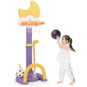 4 in 1 basketbalhoepel voor peuters in hoogte verstelbaar sporttoestel met basketbal voetbal golf en ringenspel geel 1