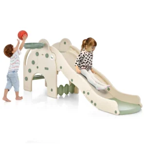 4 in 1 kinderglijbaan in de vorm van een olifant met basketbalhoepel hdpe glijbaan voor binnen en buiten met bal glijbaan & klimtoestel 1