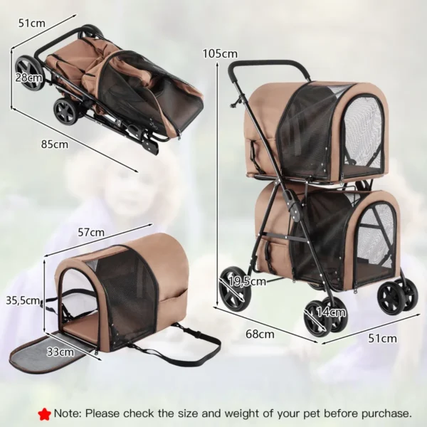 4 in 1 multifunctionele kat & hond wandelwagen 2 laags hondenbuggy huisdierbuggy tot 16 kg snel in te klappen beige 3