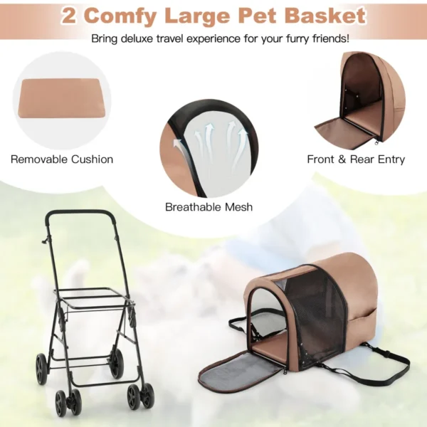 4 in 1 multifunctionele kat & hond wandelwagen 2 laags hondenbuggy huisdierbuggy tot 16 kg snel in te klappen beige 5