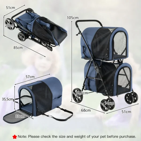 4 in 1 multifunctionele kat & hond wandelwagen 2 laags hondenbuggy huisdierbuggy tot 16 kg snel in te klappen marineblauw 3