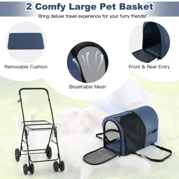 4 in 1 multifunctionele kat & hond wandelwagen 2 laags hondenbuggy huisdierbuggy tot 16 kg snel in te klappen marineblauw 6