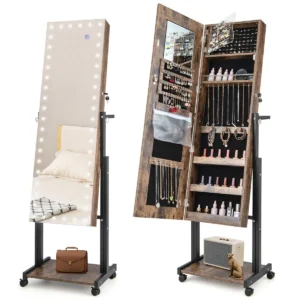 4 in 1 spiegelkast met 3 kleurige ledlampen en verstelbare hoogte make upspiegel met full body spiegel 46 x 36 x 175 cm bruin 1