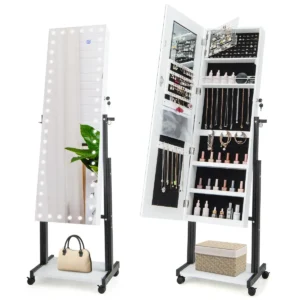 4 in 1 spiegelkast met 3 kleurige ledlampen en verstelbare hoogte make upspiegel met full body spiegel 46 x 36 x 175 cm wit 1