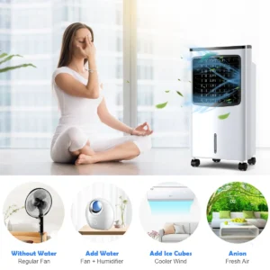 4 in 1 stille luchtkoeler 8l ventless mobiele airconditioner koeling auto oscillatie 70° 8h timer 2 ijspakken laag verbruik 1