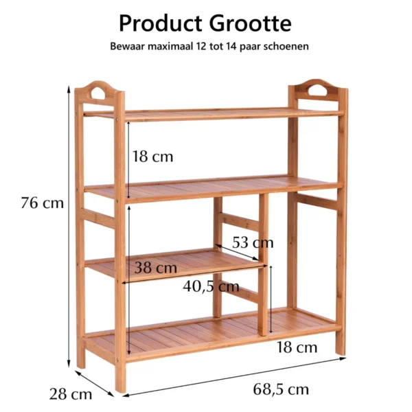 4 niveau bamboe schoenenrek vrijstaand met handvat opberg organiser voor entree hal woonkamer badkamer 68,5 x 28 x 76 cm 4