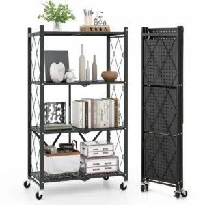 4 niveau opklapbare opbergplank met vergrendelbare wielen stevige metalen plank voor keuken woonkamer werkplaats garage zwart 1