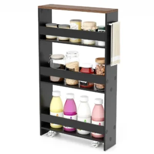 4 niveaus nisrek op wieltjes smal keukenwagen badkamerrek met handgreep aan de zijkant van hout 48 x 13 x 81 cm zwart + bruin 1