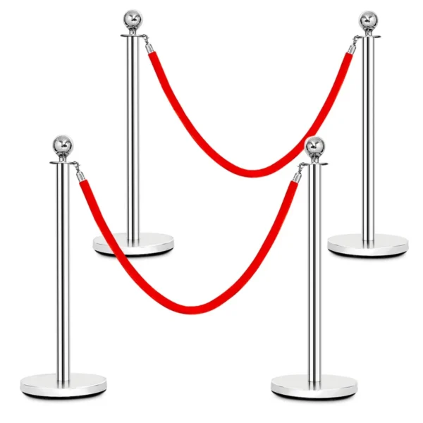 4 stuks afzetpaal set ronde top gepolijst roestvrij afzetpaal wachtrij paal met 150cm rood fluwelen touw menigte controle barrière 1